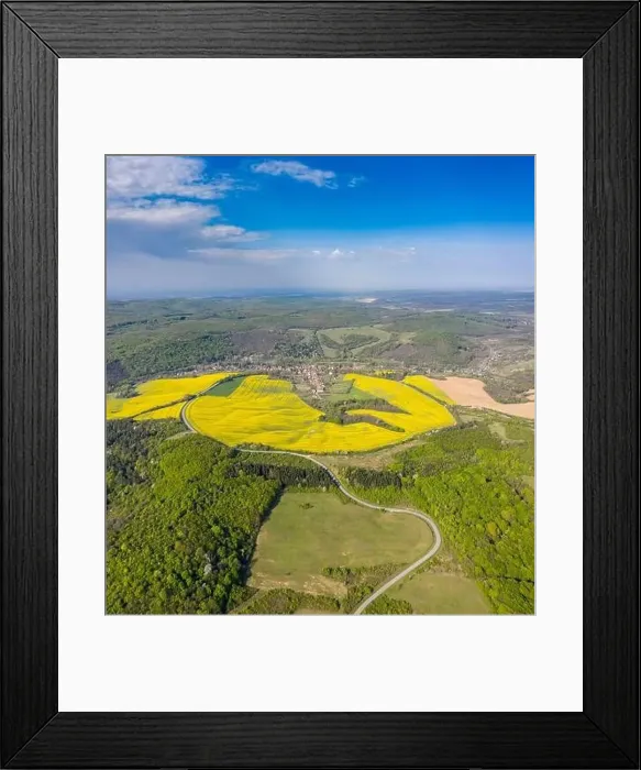 Framed Print : Drone view of Abaliget with canola field Framed Print : Drone view of Abaliget with canola field