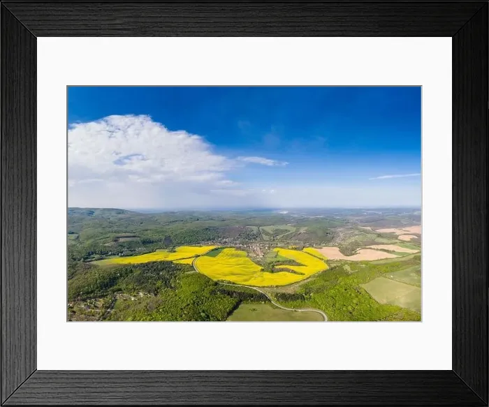 Framed Print : Drone view of Abaliget with canola field Framed Print : Drone view of Abaliget with canola field