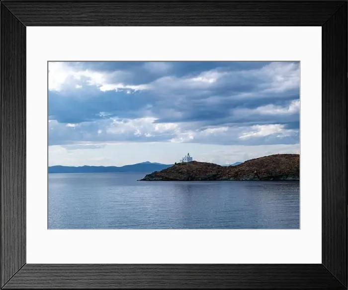 Framed Print : Greece, Kea Tzia island. White lighthouse on a rocky cape Framed Print : Greece, Kea Tzia island. White lighthouse on a rocky cape