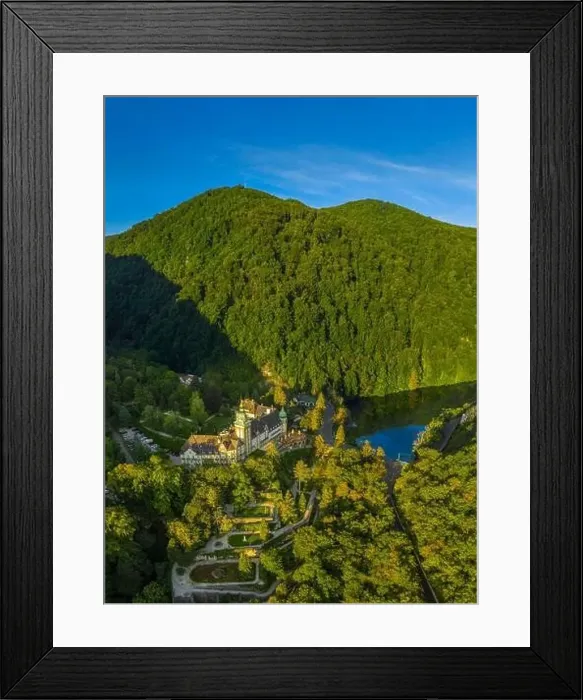 Framed Print : Lillafured, Hungary - Aerial view of the famous Lillafured Castle in the mountains of Bukk near Miskolc on a sunny Framed Print : Lillafured, Hungary - Aerial view of the famous Lillafured Castle in the mountains of Bukk near Miskolc on a sunny