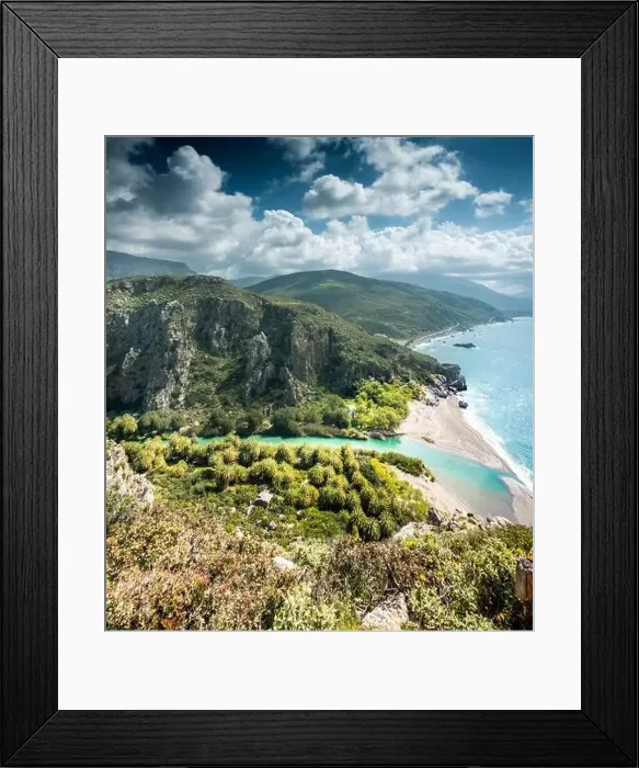 Framed Print : Beautiful view of preveli palm beach on crete island against cloudy sky Framed Print : Beautiful view of preveli palm beach on crete island against cloudy sky