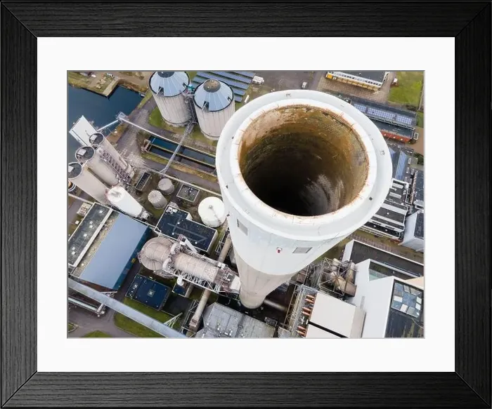 Framed Print : Coal central aerial drone shot chimney pipe energy recovery plant Hemweg in Amsterdam The Netherlands industrial Framed Print : Coal central aerial drone shot chimney pipe energy recovery plant Hemweg in Amsterdam The Netherlands industrial