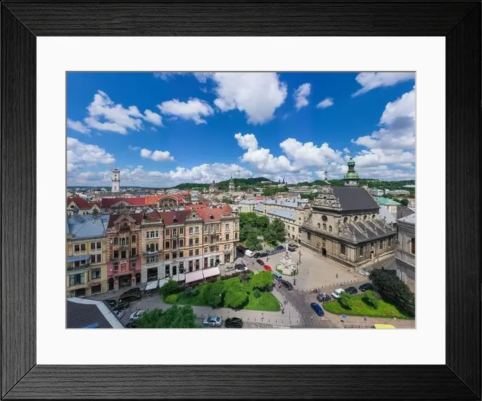Framed Print : Lviv, Ukraine - August 24, 2020: Aerial view on Bernardine church in Lviv from drone Framed Print : Lviv, Ukraine - August 24, 2020: Aerial view on Bernardine church in Lviv from drone