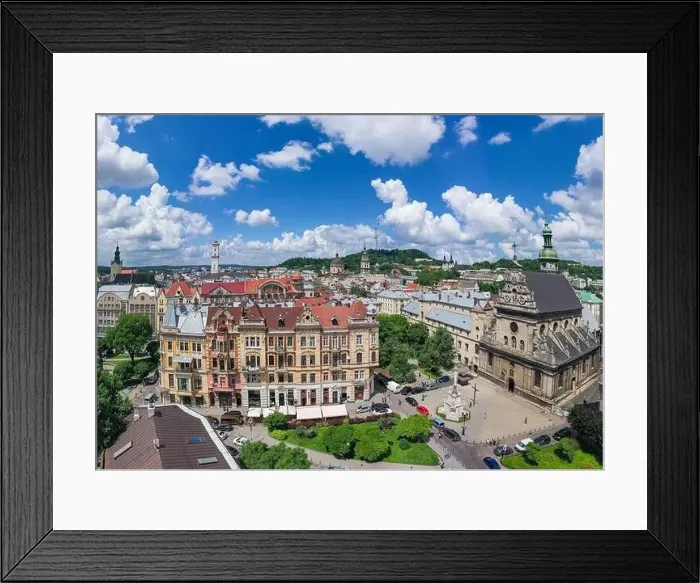 Framed Print : Lviv, Ukraine - August 24, 2020: Aerial view on Bernardine church in Lviv from drone Framed Print : Lviv, Ukraine - August 24, 2020: Aerial view on Bernardine church in Lviv from drone
