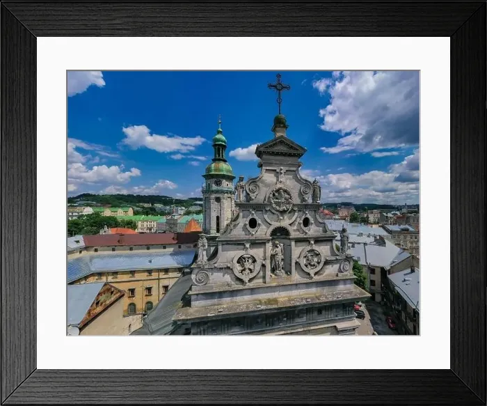 Framed Print : Lviv, Ukraine - August 24, 2020: Aerial view on Bernardine church in Lviv from drone Framed Print : Lviv, Ukraine - August 24, 2020: Aerial view on Bernardine church in Lviv from drone