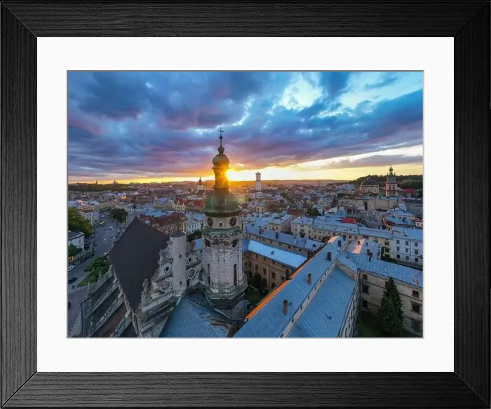 Framed Print : Lviv, Ukraine - August 24, 2020: Aerial view on Bernardine church in Lviv from drone Framed Print : Lviv, Ukraine - August 24, 2020: Aerial view on Bernardine church in Lviv from drone