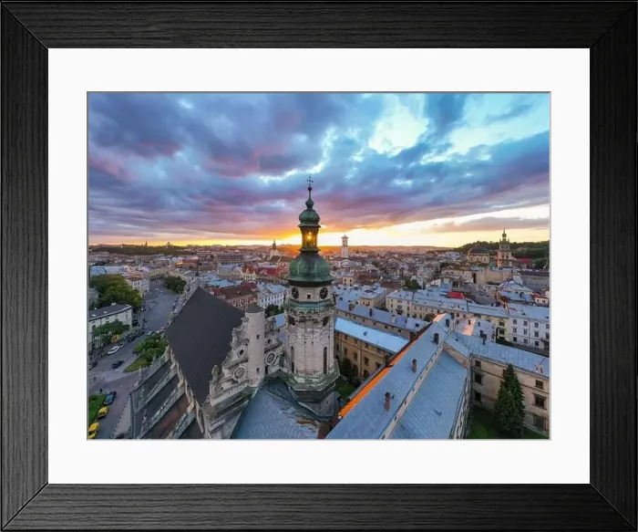 Framed Print : Lviv, Ukraine - August 24, 2020: Aerial view on Bernardine church in Lviv from drone Framed Print : Lviv, Ukraine - August 24, 2020: Aerial view on Bernardine church in Lviv from drone