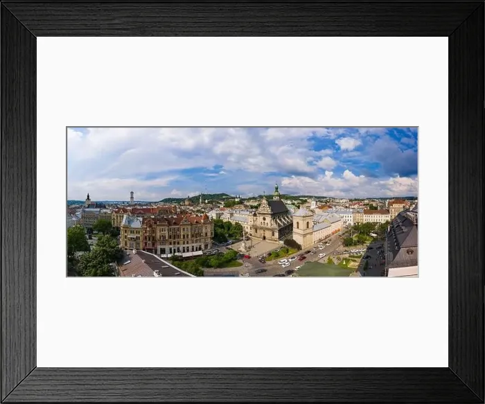 Framed Print : Lviv, Ukraine - August 24, 2020: Aerial view on Bernardine church in Lviv from drone Framed Print : Lviv, Ukraine - August 24, 2020: Aerial view on Bernardine church in Lviv from drone