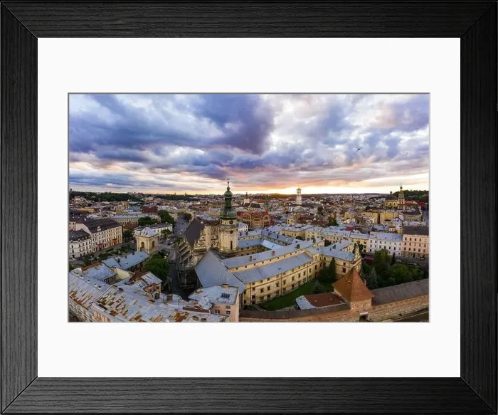 Framed Print : Lviv, Ukraine - August 24, 2020: Aerial view on Bernardine church in Lviv from drone Framed Print : Lviv, Ukraine - August 24, 2020: Aerial view on Bernardine church in Lviv from drone