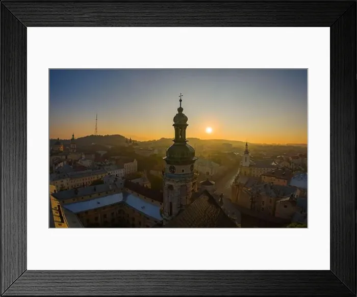 Framed Print : Lviv, Ukraine - August 24, 2020: Aerial view on Bernardine church in Lviv from drone Framed Print : Lviv, Ukraine - August 24, 2020: Aerial view on Bernardine church in Lviv from drone