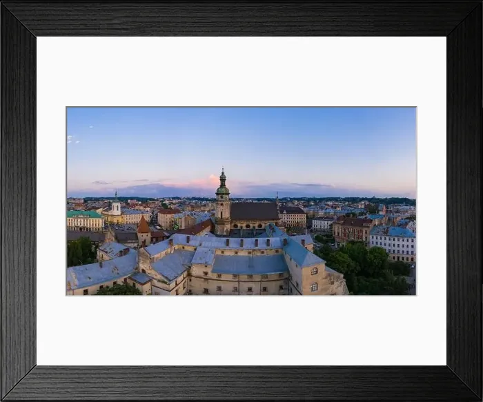 Framed Print : Lviv, Ukraine - August 24, 2020: Aerial view on Bernardine church in Lviv from drone Framed Print : Lviv, Ukraine - August 24, 2020: Aerial view on Bernardine church in Lviv from drone