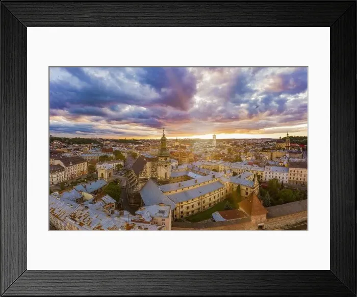 Framed Print : Lviv, Ukraine - August 24, 2020: Aerial view on Bernardine church in Lviv from drone Framed Print : Lviv, Ukraine - August 24, 2020: Aerial view on Bernardine church in Lviv from drone