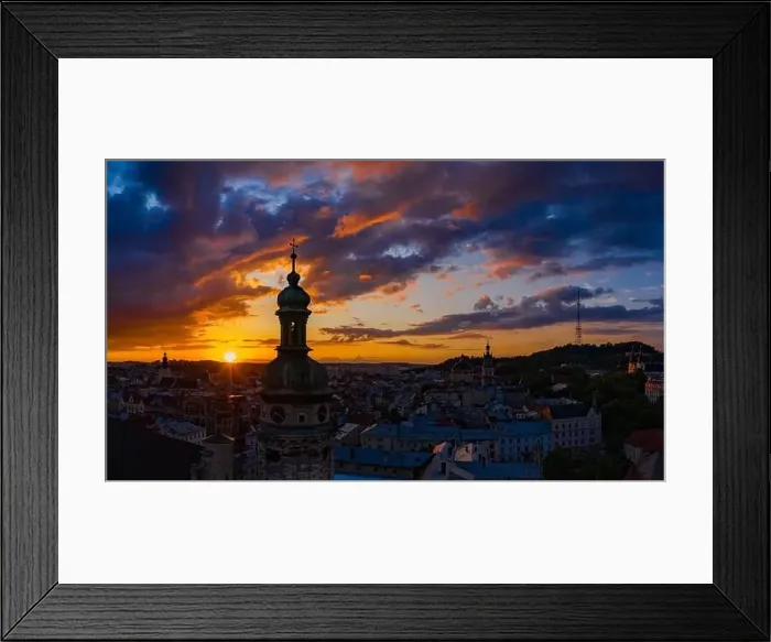 Framed Print : Lviv, Ukraine - August 24, 2020: Aerial view on Bernardine church in Lviv from drone