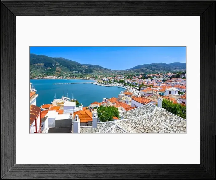 Framed Print : View of town and port at the island Skopelos, northern Sporades, Greece Framed Print : View of town and port at the island Skopelos, northern Sporades, Greece