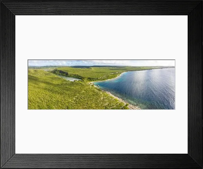 Framed Print : Aerial view above scenery of Curacao, Caribbean with ocean, coast, hills, lake Framed Print : Aerial view above scenery of Curacao, Caribbean with ocean, coast, hills, lake