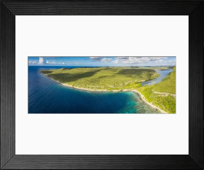 Framed Print : Aerial view above scenery of Curacao, Caribbean with ocean, coast, hills, lake Framed Print : Aerial view above scenery of Curacao, Caribbean with ocean, coast, hills, lake