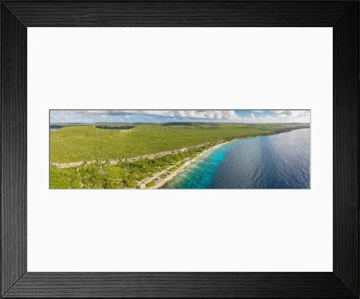 Framed Print : Aerial view above scenery of Curacao, Caribbean with ocean, coast, hills, lake Framed Print : Aerial view above scenery of Curacao, Caribbean with ocean, coast, hills, lake
