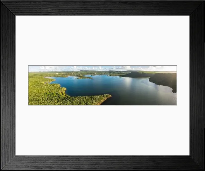 Framed Print : Aerial view above scenery of Curacao, Caribbean with ocean, coast, hills, lake Framed Print : Aerial view above scenery of Curacao, Caribbean with ocean, coast, hills, lake