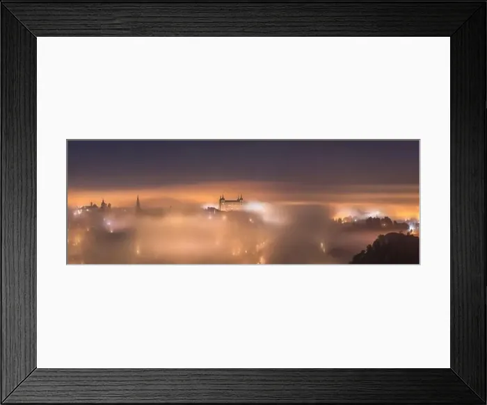 Framed Print : Amazing scenery of shining and luminous ancient Alcazar de Toledo castle over town in misty twilight Framed Print : Amazing scenery of shining and luminous ancient Alcazar de Toledo castle over town in misty twilight