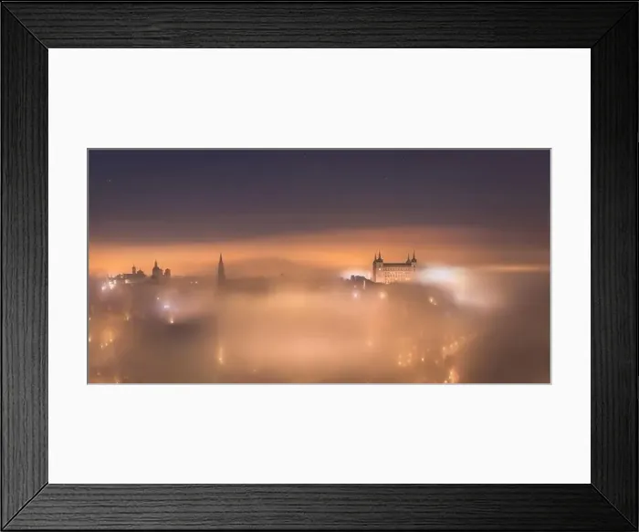 Framed Print : Amazing scenery of shining and luminous ancient Alcazar de Toledo castle over town in misty twilight Framed Print : Amazing scenery of shining and luminous ancient Alcazar de Toledo castle over town in misty twilight