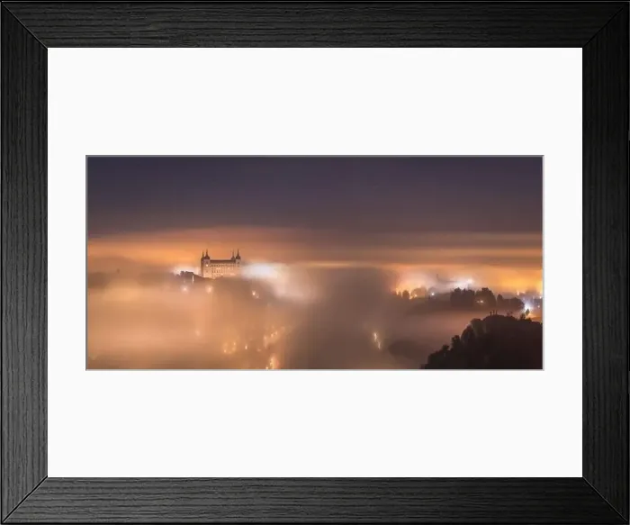 Framed Print : Amazing scenery of shining and luminous ancient Alcazar de Toledo castle over town in misty twilight Framed Print : Amazing scenery of shining and luminous ancient Alcazar de Toledo castle over town in misty twilight