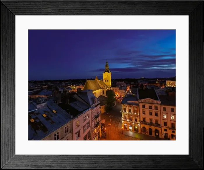 Framed Print : Lviv, Ukraine - August 24, 2020: View on Latin Cathedral in Lviv, Ukraine at night from drone Framed Print : Lviv, Ukraine - August 24, 2020: View on Latin Cathedral in Lviv, Ukraine at night from drone