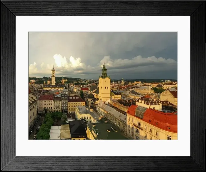 Framed Print : Lviv, Ukraine - August 24, 2020: Aerial view on City Hall and Latin Cathedral in Lviv, Ukraine from drone Framed Print : Lviv, Ukraine - August 24, 2020: Aerial view on City Hall and Latin Cathedral in Lviv, Ukraine from drone