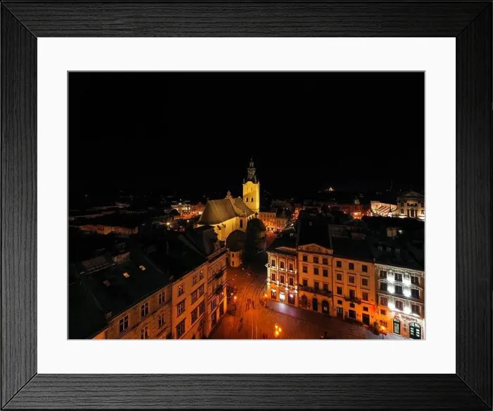 Framed Print : Lviv, Ukraine - August 24, 2020: View on Latin Cathedral in Lviv, Ukraine at night from drone