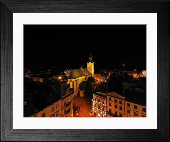 Framed Print : Lviv, Ukraine - August 24, 2020: View on Latin Cathedral in Lviv, Ukraine at night from drone