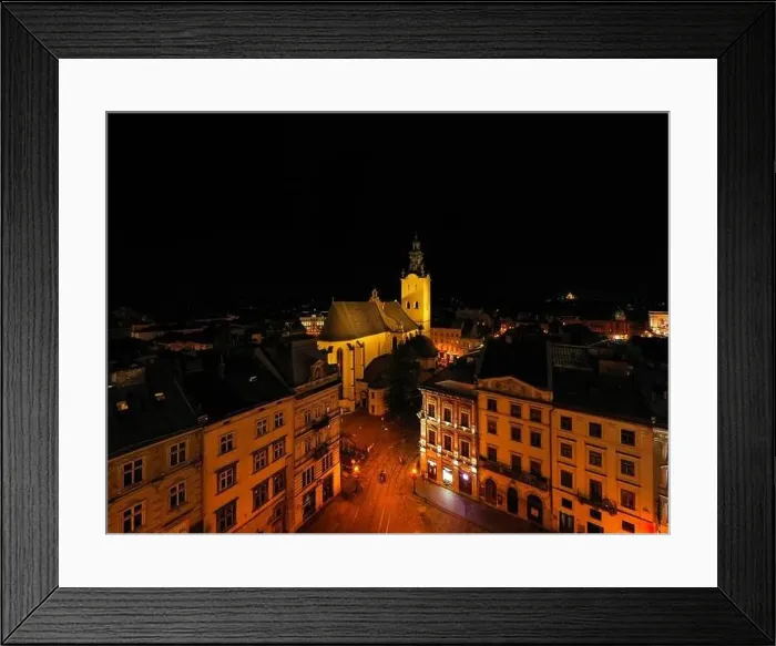 Framed Print : Lviv, Ukraine - August 24, 2020: View on Latin Cathedral in Lviv, Ukraine at night from drone Framed Print : Lviv, Ukraine - August 24, 2020: View on Latin Cathedral in Lviv, Ukraine at night from drone