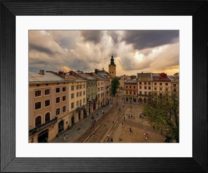 Framed Print : Lviv, Ukraine - August 25, 2020: View on Latin Cathedral in Lviv, Ukraine from drone