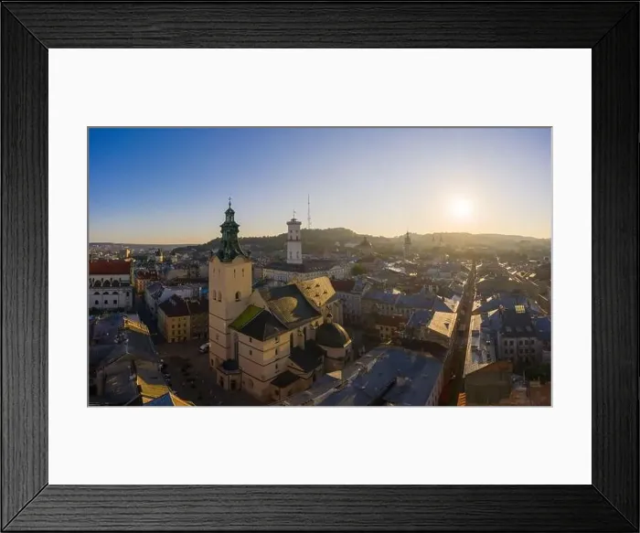 Framed Print : Lviv, Ukraine - August 24, 2020: Aerial view on City Hall and Latin Cathedral in Lviv, Ukraine from drone