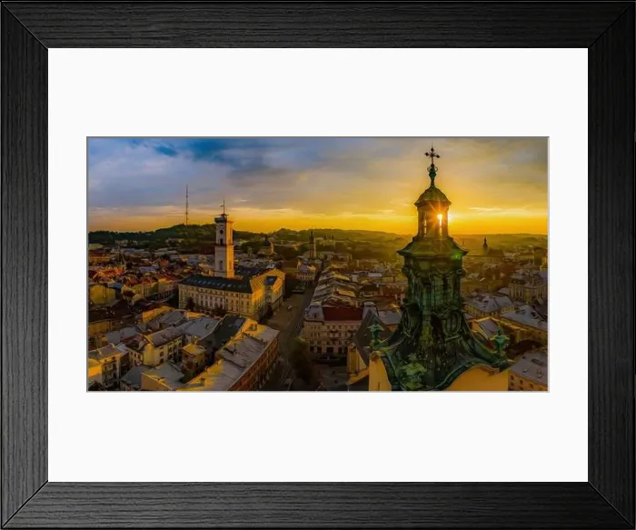 Framed Print : Lviv, Ukraine - August 24, 2020: Aerial view on City Hall and Latin Cathedral in Lviv, Ukraine from drone Framed Print : Lviv, Ukraine - August 24, 2020: Aerial view on City Hall and Latin Cathedral in Lviv, Ukraine from drone