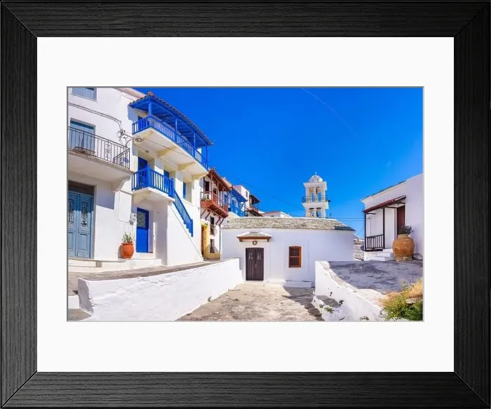 Framed Print : View of town and port at the island Skopelos, northern Sporades, Greece Framed Print : View of town and port at the island Skopelos, northern Sporades, Greece