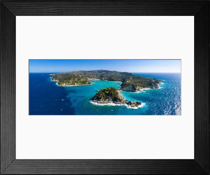 Framed Print : Aerial coastal view of the north coast of Paxos, showing the village of Lakka, Ionian Islands, Greece Framed Print : Aerial coastal view of the north coast of Paxos, showing the village of Lakka, Ionian Islands, Greece