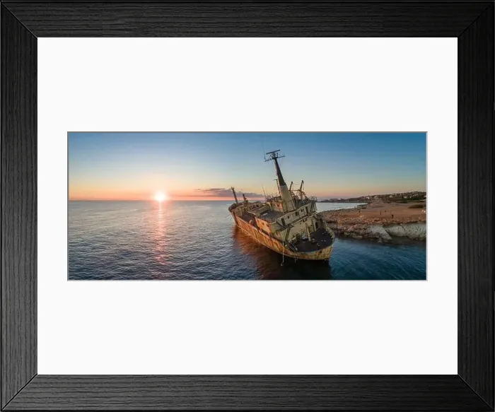Framed Print : Aerial panoramic view of the Edro III shipwreck at sunset - a cargo ship that ran aground in 2011 - Paphos, Cyprus Framed Print : Aerial panoramic view of the Edro III shipwreck at sunset - a cargo ship that ran aground in 2011 - Paphos, Cyprus