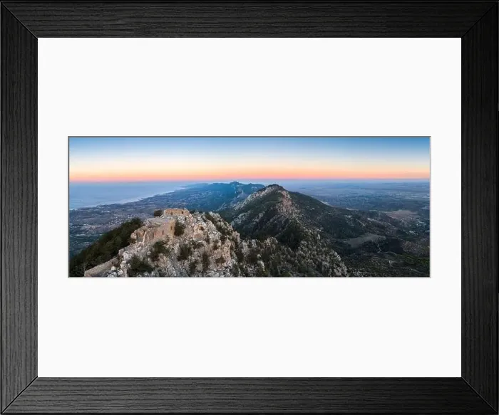 Framed Print : Aerial panoramic view of the mountaintop Buffavento Castle at sunset, Çatalköy, Northern Cyprus Framed Print : Aerial panoramic view of the mountaintop Buffavento Castle at sunset, Çatalköy, Northern Cyprus