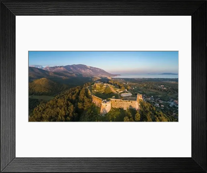 Framed Print : Aerial panoramic view of the Venetian castle of Saint George, Livathou, Kefalonia, Ionian Islands, Greece Framed Print : Aerial panoramic view of the Venetian castle of Saint George, Livathou, Kefalonia, Ionian Islands, Greece