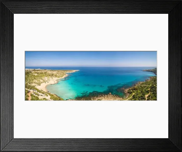 Framed Print : Aerial panoramic view of Konnos Beach and surrounding coastline - a popular tourist spot in Ayia Napa, Cyprus