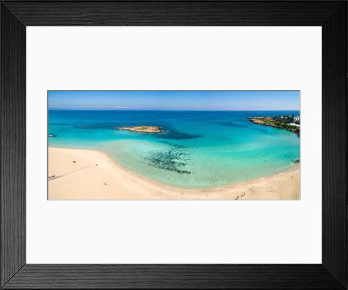 Framed Print : Aerial panoramic coastal view of Fig Tree Beach - a popular tourist attraction in Ayia Napa, Cyprus Framed Print : Aerial panoramic coastal view of Fig Tree Beach - a popular tourist attraction in Ayia Napa, Cyprus