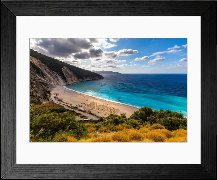 Framed Print : Aerial drone view of iconic turquoise and sapphire bay and beach of Myrtos Framed Print : Aerial drone view of iconic turquoise and sapphire bay and beach of Myrtos
