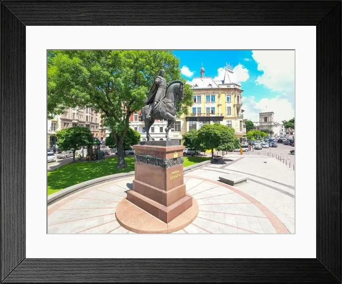 Framed Print : Lviv, Ukraine - May 28, 2020: Aerial view on Monument to King Danylo Halytskyi in Lviv, Ukraine from drone Framed Print : Lviv, Ukraine - May 28, 2020: Aerial view on Monument to King Danylo Halytskyi in Lviv, Ukraine from drone