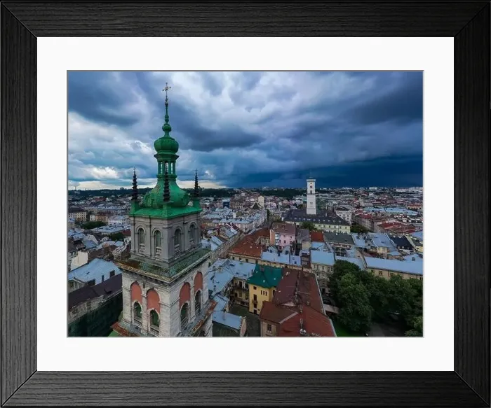 Framed Print : Lviv, Ukraine - 2020: Aerial view on Dormition Church in Lviv, Ukraine from drone Framed Print : Lviv, Ukraine - 2020: Aerial view on Dormition Church in Lviv, Ukraine from drone