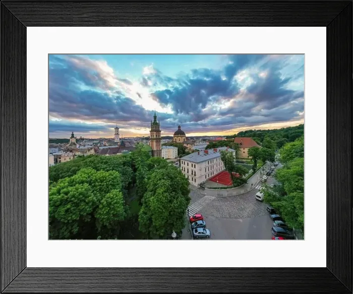 Framed Print : Lviv, Ukraine - 2020: Aerial view on Dominican Church and Dormition Church in Lviv, Ukraine from drone Framed Print : Lviv, Ukraine - 2020: Aerial view on Dominican Church and Dormition Church in Lviv, Ukraine from drone