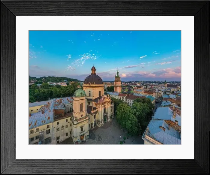Framed Print : Lviv, Ukraine - 2020: Aerial view on Dominican Church and Dormition Church in Lviv, Ukraine from drone
