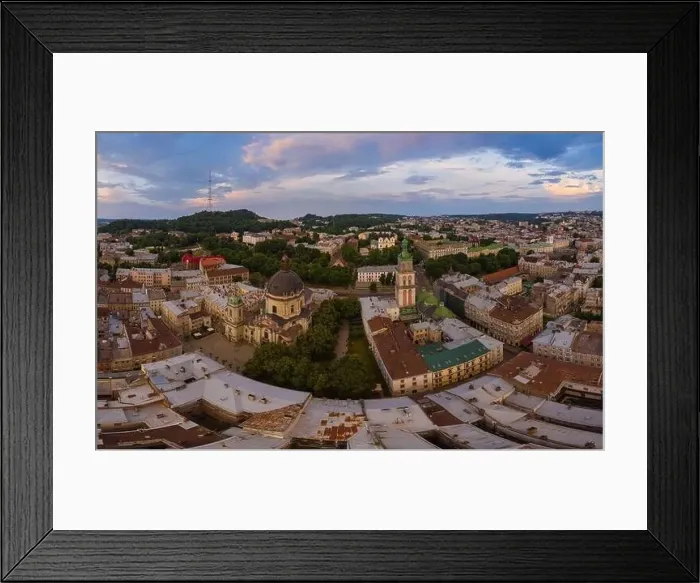 Framed Print : Lviv, Ukraine - 2020: Aerial view on Dominican Church and Dormition Church in Lviv, Ukraine from drone