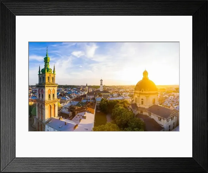 Framed Print : Lviv, Ukraine - 2020: Aerial view on Dominican Church and Dormition Church in Lviv, Ukraine from drone