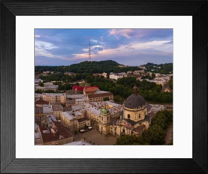Framed Print : Lviv, Ukraine - 2020: Aerial view on Dominican Church in Lviv, Ukraine from drone Framed Print : Lviv, Ukraine - 2020: Aerial view on Dominican Church in Lviv, Ukraine from drone