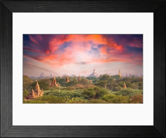 Framed Print : View from above, stunning aerial view of the Bagan Archaeological Zone during a beautiful sunset Framed Print : View from above, stunning aerial view of the Bagan Archaeological Zone during a beautiful sunset