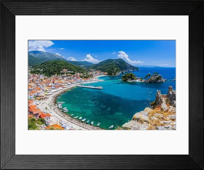 Framed Print : Parga, Greece. Aerial view of the resort town and island of Panagia Framed Print : Parga, Greece. Aerial view of the resort town and island of Panagia
